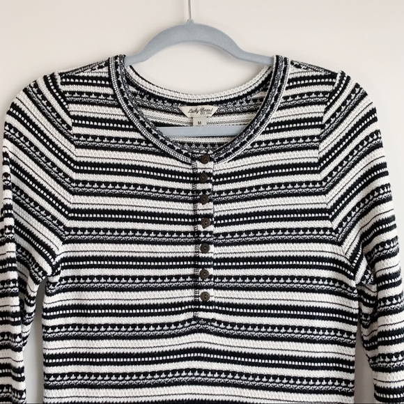 LUCKY BRAND Chloe Striped Thermal Henley Top Waffle Knit Black White Size Medium - Picture 3 of 6